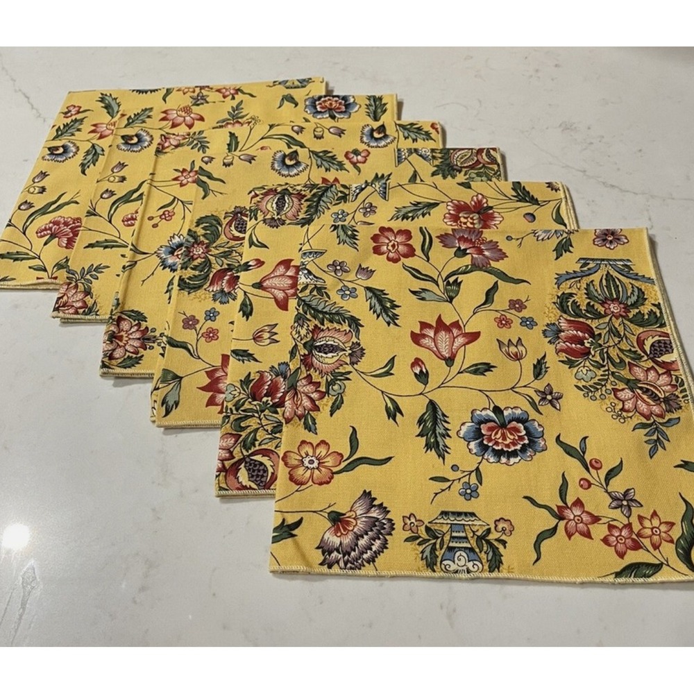 5th Ave Covington‎ Fabric Yellow Floral Jacobbean Decorator Napkins Set of 6